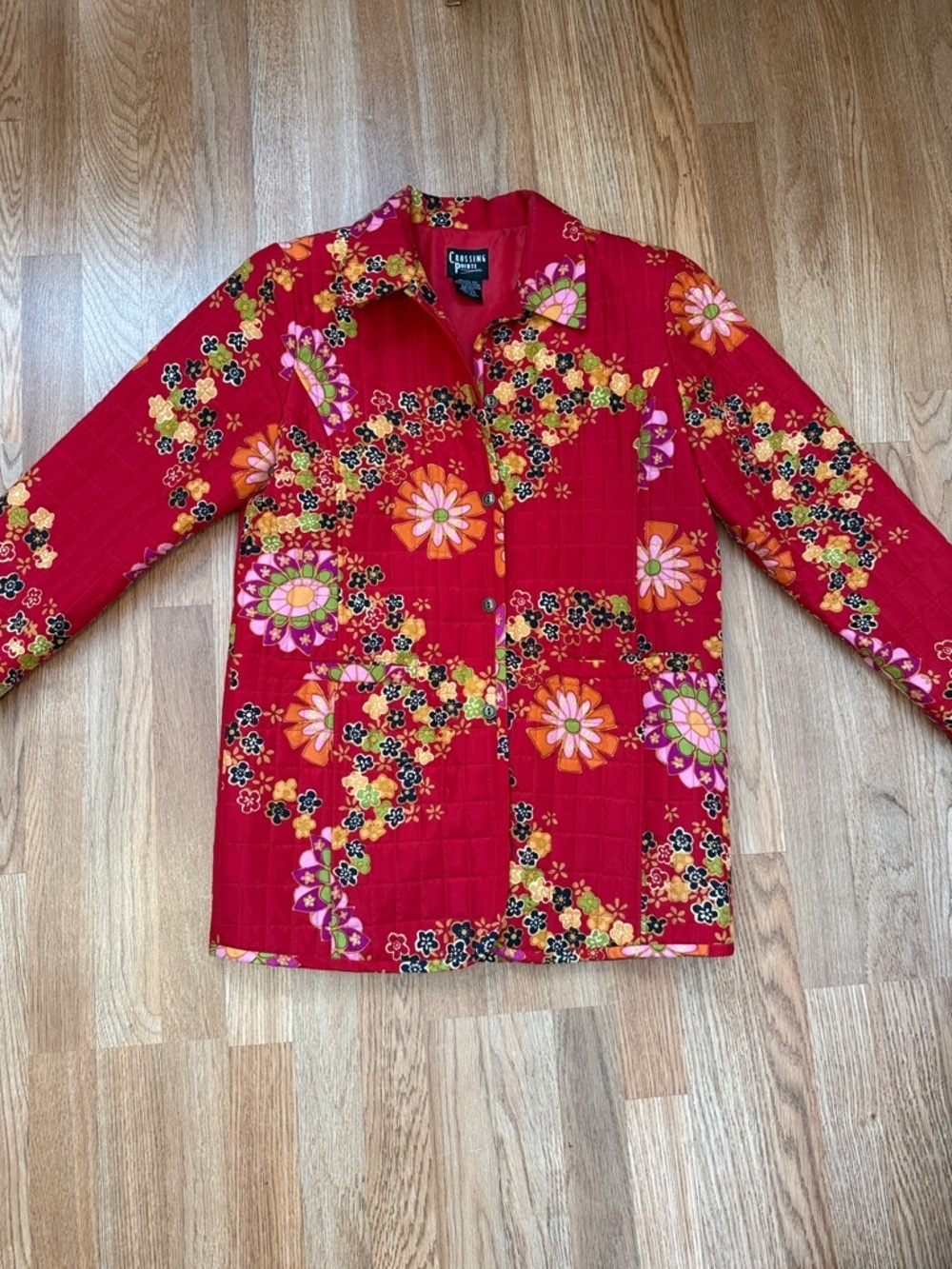 100% Silk Shell Red Quilted Floral Button-Down Jacket - Picture 4 of 7